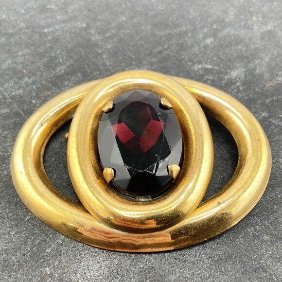 ANTIQUE Big Edwardian brass and dark purple glass stone oval brooch ~ 1910s pin - Picture 3 of 10